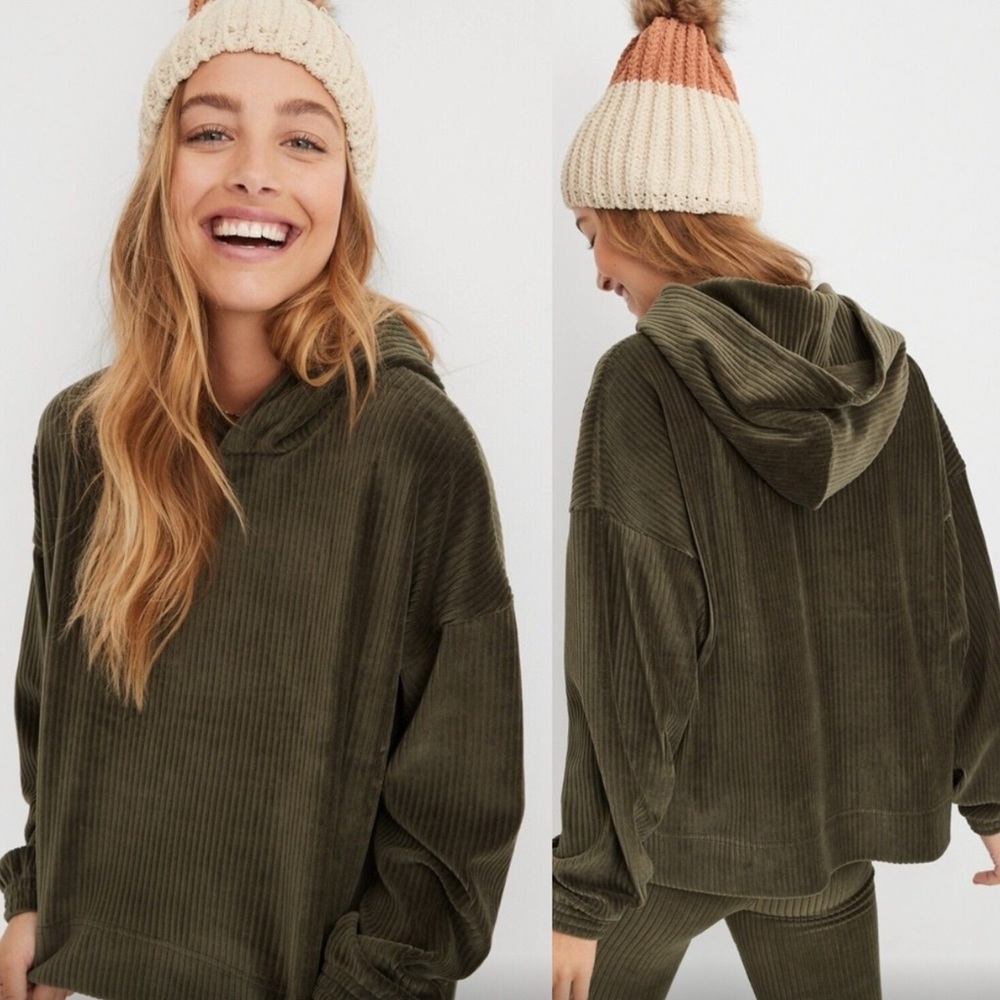Aerie Groove on Offline Oversized Ribbed Olive Green pullover Sweater Hood M